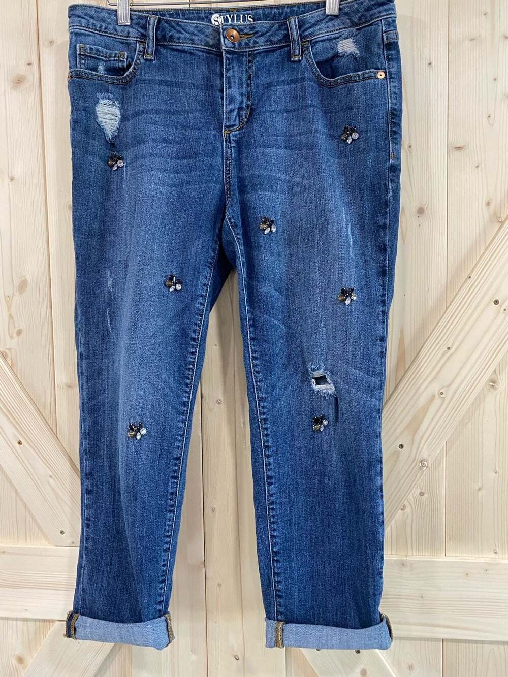 STYLUS Distressed Rhinestone Embellished Cropped Denim Jeans W29 size 8